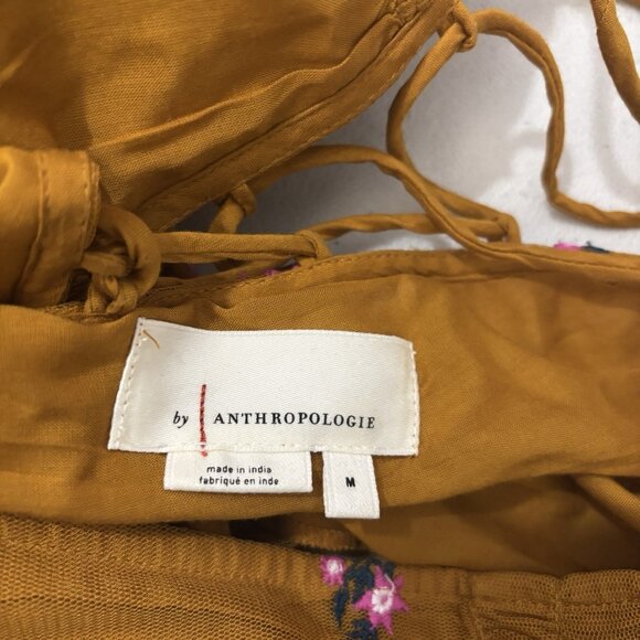 Anthropologie Embroidered Gold Smocked Tulle Blouse Size Medium Boho Peasant - Picture 11 of 15